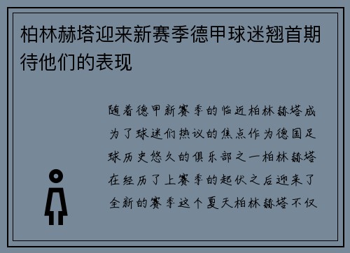 柏林赫塔迎来新赛季德甲球迷翘首期待他们的表现