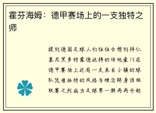 霍芬海姆：德甲赛场上的一支独特之师