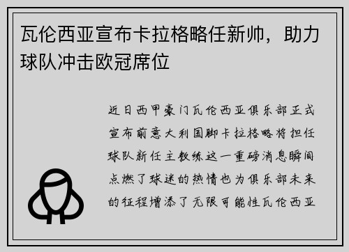 瓦伦西亚宣布卡拉格略任新帅，助力球队冲击欧冠席位