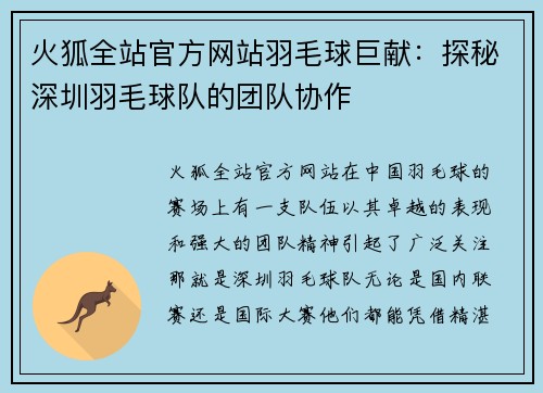 火狐全站官方网站羽毛球巨献：探秘深圳羽毛球队的团队协作
