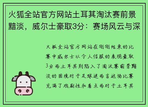 火狐全站官方网站土耳其淘汰赛前景黯淡，威尔士豪取3分：赛场风云与深度解读